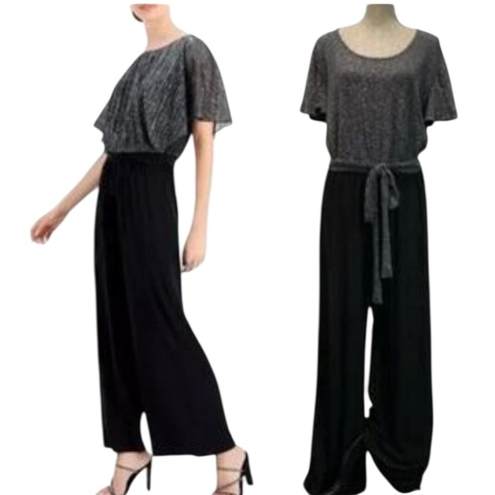 C&C California Womens 2X Metallic‎ Silver Black Wide Leg Jumpsuit Short Sleeve